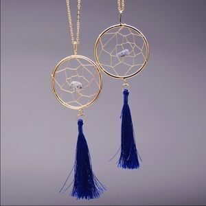Dream catcher gold plated blue tassel necklace